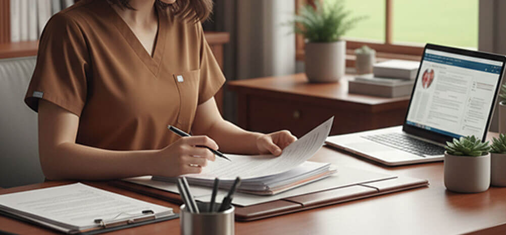A healthcare worker reviewing documents