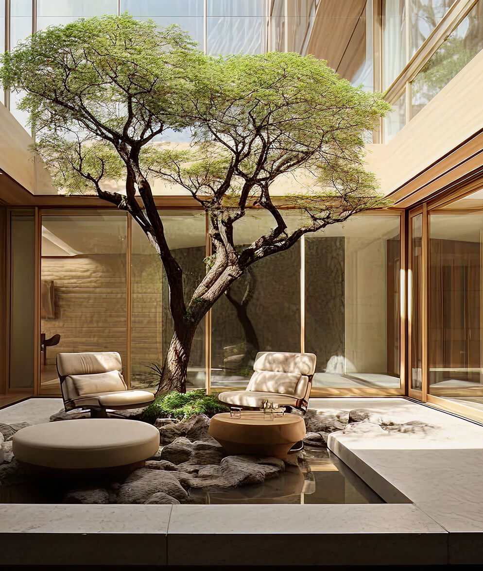 A modern indoor courtyard representing Everhaus